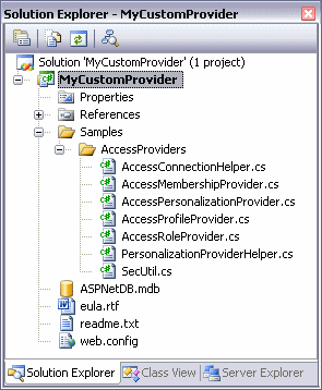 The Visual Studio 2005 Solution window for the new provider project