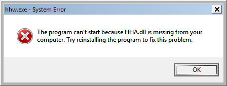 The program can't start because HHA.dll is missing from your computer. Try reinstalling the program to fix this problem.