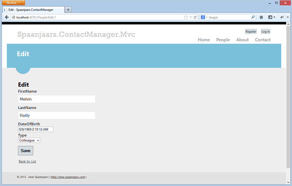 Editing a contact person in the MVC site