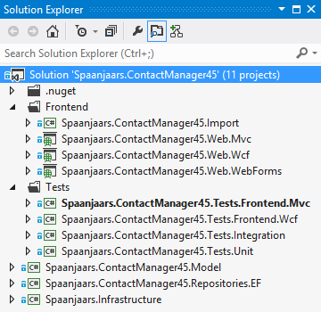 The Solution Explorer showing the Spaanjaars.ContactManagerV45 Application