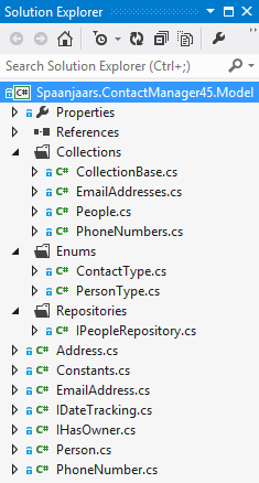 The Solution Explorer for the Spaanjaars.ContactManager45.Model project