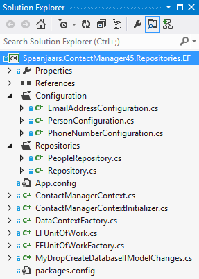 The Solution Explorer for the Spaanjaars.ContactManager45.Repositories.EF project