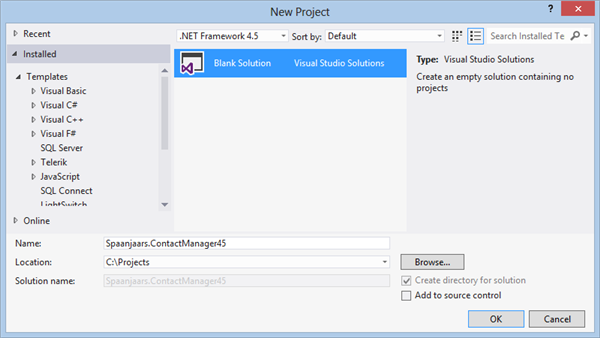  The New Project dialog in Visual Studio 2012