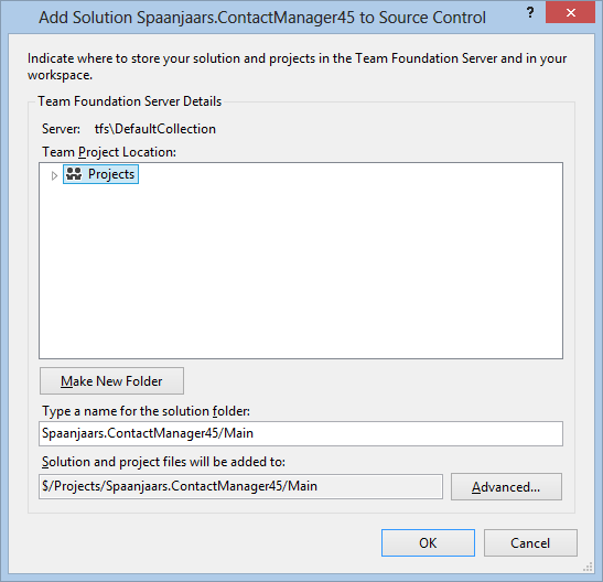 The Add Solution to TFS dialog
