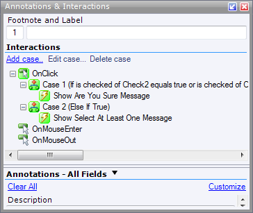 Axure Interactions Panel showing the If and Else conditions