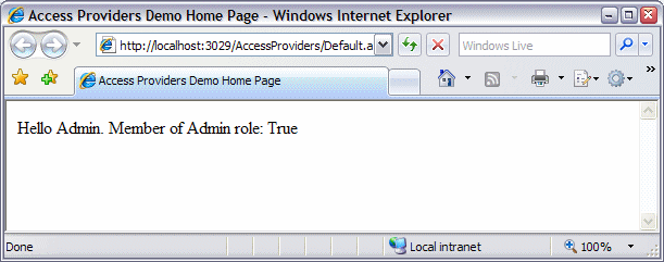 The The Test Page in the browser Showing the User's Name and Group Membership