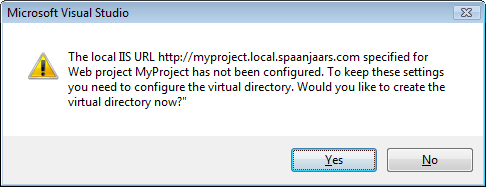 Error message saying: The local IIS URL http://myproject.local.spaanjaars.com specified for Web project MyProject has not been configured. To keep these settings you need to configure the virtual directory. Would you like to create the virtual directory now?