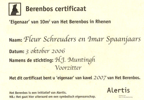 Certificate of ownership of the Zoo Berenbos in Rhenen
