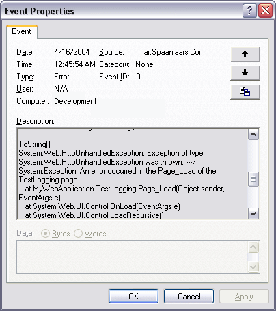 The Event Properties dialog displays the detailed error message.