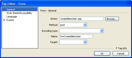 The Tag Editor Dialog for the Form Tag