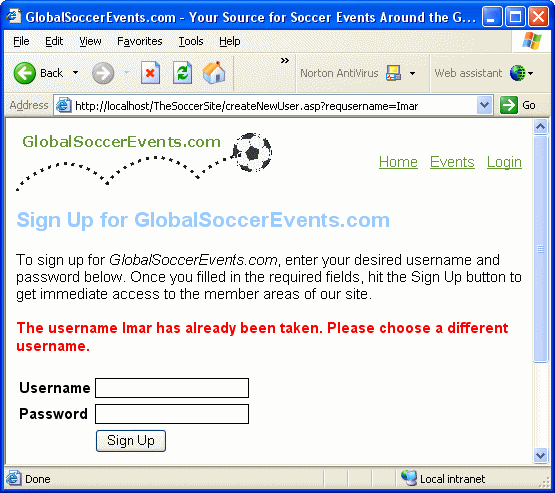 The Sign Up Page in the Browser Showing the Duplicate Username Errormessage 