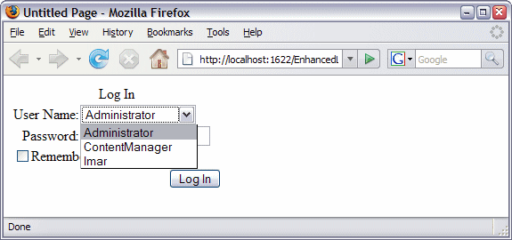 The Login Control Showing a DropDownList with User Names