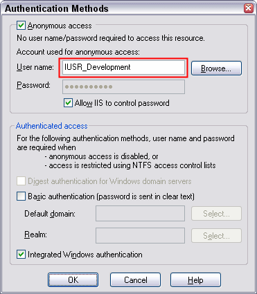 The Authentication Methods dialog in IIS for the Default Web Site