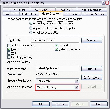 The Home Directory tab of the Default Web site Properties dialog