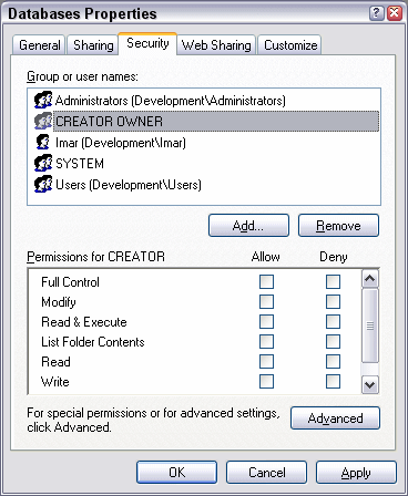The Security tab of the Properties dialog of the Databases folder