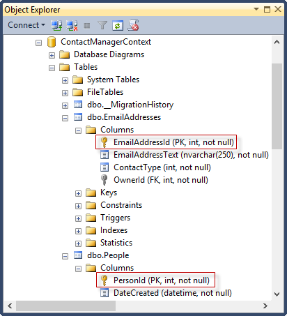 The database tables showing the new ID column