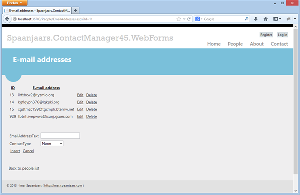 Managing contact data in the Web Forms application