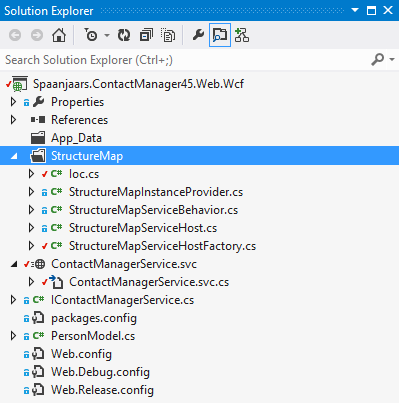 Solution Explorer showing StructureMap files for the WCF project