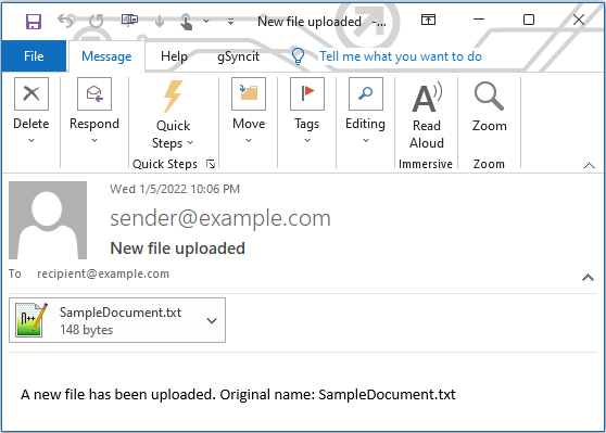 An example email with the file attached
