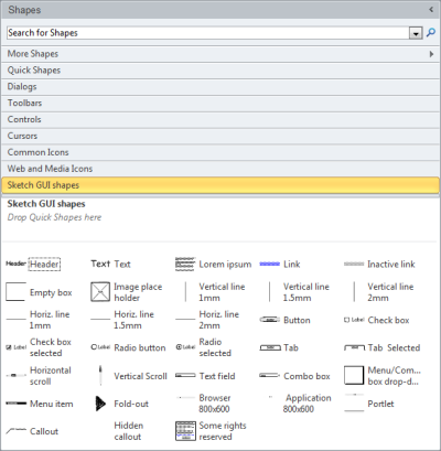 The Shapes Panel in Visio 2010 Showing the Sketchy GUI Shapes