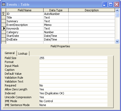 The Events table in the Microsoft Access Table Designer