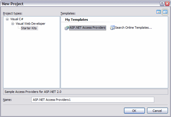 The New Project Dialog in Visual C# Express Edition Showing the Access Providers Template