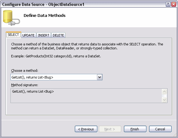 The Configure Data Source Wizard with the Select method preselected 