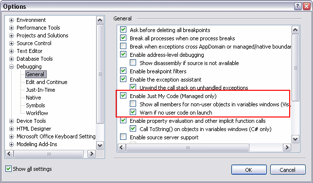 Options dialog for Debugging Settings in Visual Studio 2005