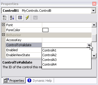 The Property Grid for a control that allows you to select an instance of ControlB
