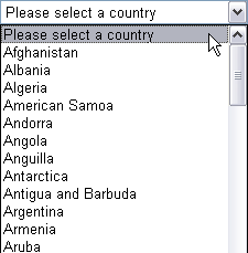 A drop-down list with the first item instructing the user to select an item