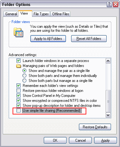 The Folder Options dialog with Simple Sharing disabled